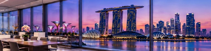 Conference room overlooking the Singapore waterfront skyline at dusk