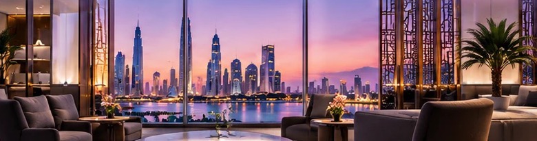 Lounge with Middle Eastern screens overlooking a Gulf city skyline and waterfront at sunset
