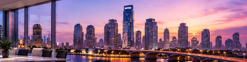 Modern office overlooking a U.S. city skyline and bridge at sunset