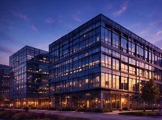 Modern glass office buildings at dusk