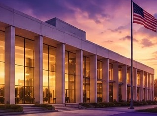 Government building with an American flag at sunset