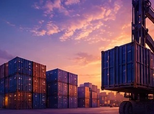 Shipping containers being loaded at a port at sunset