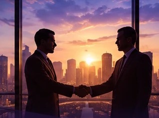Two business partners shaking hands in front of a city skyline