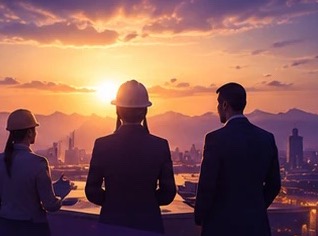 Engineers in hard hats overlooking an industrial city at sunrise