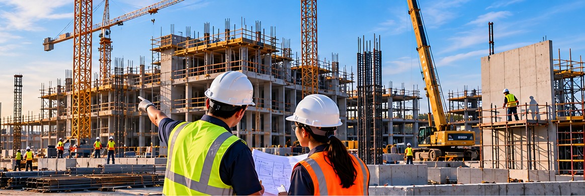 East Plum construction and infrastructure support team reviewing plans on site