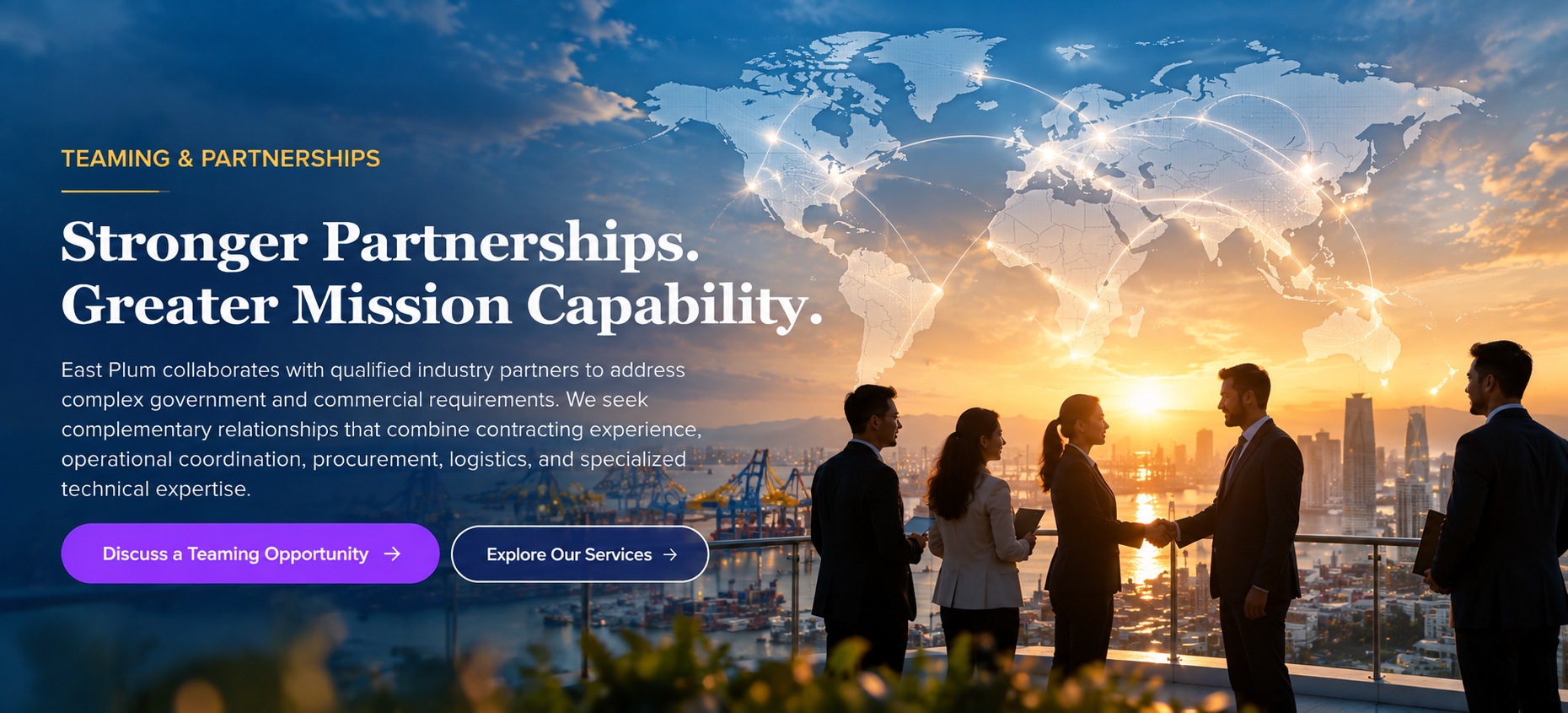 World map graphic with East Plum team members shaking hands with an industry partner, representing global teaming relationships